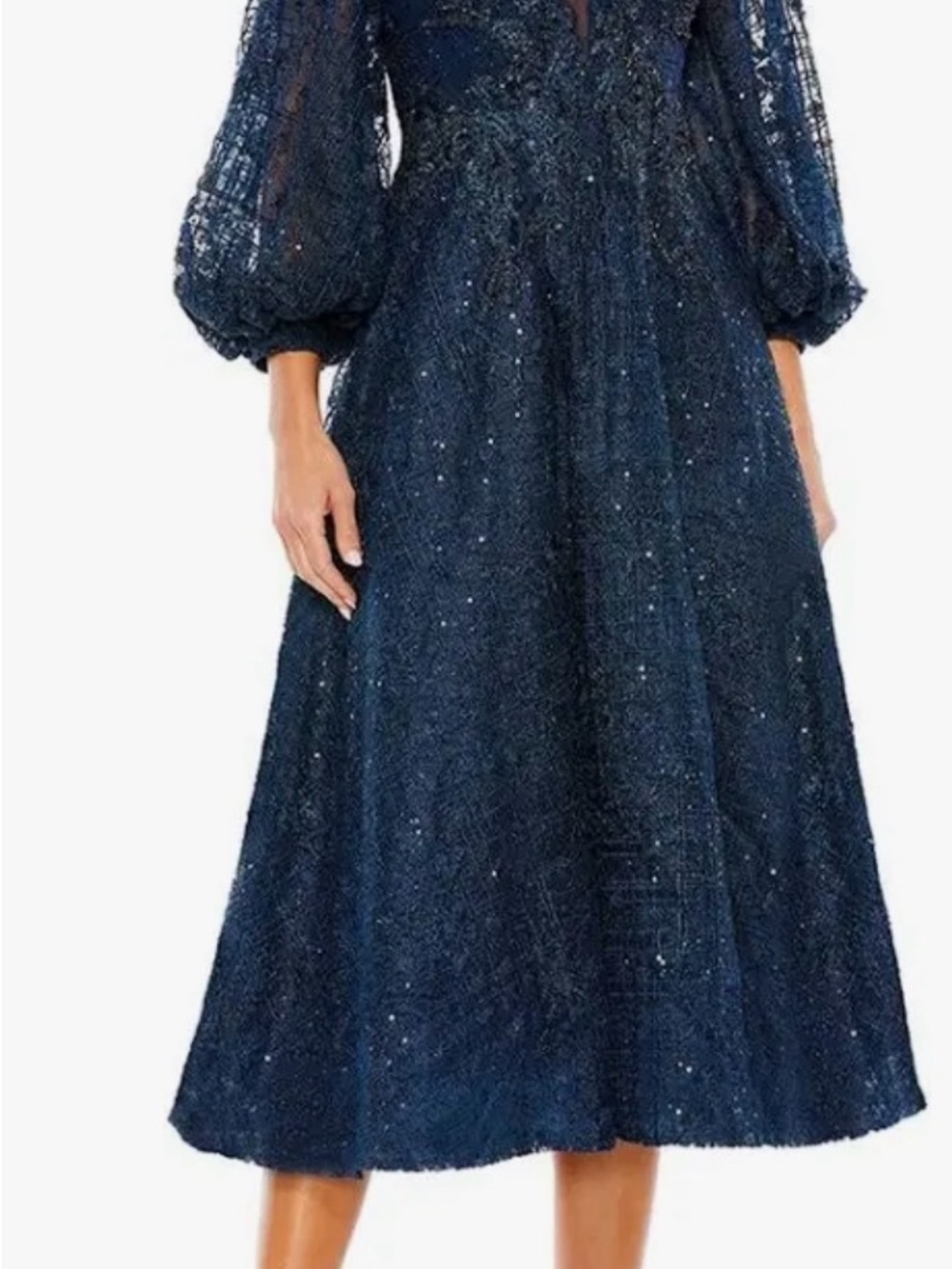 Mac Duggal Navy Sequin Lace Midi Dress with Balloon Sleeves